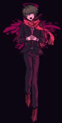 Rule 34 | 1boy, :d, black background, black jacket, black pants, black suit, blood, brown footwear, drawn halo, dress pants, formal, from above, full body, green hair, halo, hands on own stomach, highres, interlocked fingers, jacket, kimi ga shine, knee up, lapels, long sleeves, looking at viewer, low ponytail, lying, male focus, midori (kimi ga shine), necktie, on back, open mouth, oxfords, pants, pink blood, pink halo, polka dot, polka dot scarf, red necktie, red scarf, scarf, shirt, short hair, short hair with long locks, side ponytail, smile, solo, straight-on, suit, suit jacket, uououoon, white shirt