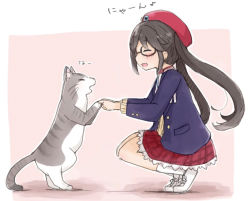 Rule 34 | 1girl, :d, animal, black hair, blazer, blue jacket, bow choker, cat, choker, closed eyes, commentary request, from side, glasses, grey cat, holding paw, idolmaster, idolmaster shiny colors, jacket, koroneko (ky-tora), long sleeves, mitsumine yuika, nyan, open mouth, pink background, plaid, plaid skirt, red choker, red headwear, red skirt, school uniform, shoes, sidelocks, skirt, smile, socks, solo, squatting, tiptoes, twintails, white footwear, white socks