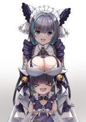 Rule 34 | &gt; &lt;, 2girls, :d, > <, animal ears, apron, aqua hair, as4gi, azur lane, bell, blue eyes, bow, breast rest, breasts, breasts on head, cheshire (azur lane), cleavage, detached sleeves, fake animal ears, frilled hairband, frilled ribbon, frills, hair bell, hair ornament, hairband, highres, large breasts, little cheshire (azur lane), long ribbon, maid headdress, mother and daughter, multicolored hair, multiple girls, open mouth, puffy detached sleeves, puffy sleeves, purple apron, purple bow, purple hair, ribbon, simple background, smile, streaked hair, two-tone hair, white background, wrist cuffs, xd