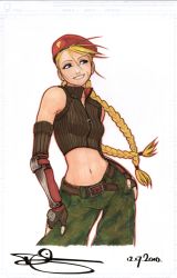 Rule 34 | 1girl, alternate costume, antenna hair, bare shoulders, belt, beret, blonde hair, blue eyes, braid, cammy white, capcom, casual, colored pencil (medium), contemporary, crop top, dated, elbow gloves, final fight, final fight streetwise, fingerless gloves, gloves, hands on own hips, hat, highres, long hair, marker (medium), midriff, navel, omar dogan, pants, scar, signature, smile, solo, street fighter, traditional media, twin braids, unzipped