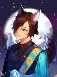 Rule 34 | 1boy, animal ears, artist name, black kimono, black sclera, black shirt, blue eyes, brown hair, closed mouth, colored sclera, commentary, commission, dated, english commentary, fox boy, fox ears, fox tail, full moon, hair over one eye, japanese clothes, kimono, kobutanori, male focus, moon, multiple tails, night, night sky, obi, original, outdoors, petals, sash, shirt, sky, smile, solo, star (sky), starry sky, tail, two tails, upper body