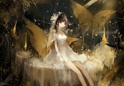 Rule 34 | 1girl, abstract, artist name, asahiro (algl), bad id, bad pixiv id, bare shoulders, black eyes, black hair, bug, butterfly, candle, dark, dress, fire, fire, flower, gloves, hair flower, hair ornament, insect, jewelry, long hair, mini person, minigirl, necklace, original, ponytail, signature, sitting, smile, solo, wedding dress