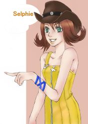Rule 34 | 1990s (style), 1girl, absurdres, breasts, brown hair, cowboy hat, final fantasy, final fantasy viii, flipped hair, green eyes, hat, highres, open mouth, retro artstyle, selphie tilmitt, short hair, skirt, smile, solo, yellow skirt