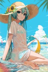 Rule 34 | 1girl, aoiboushi sky, aqua bikini, aqua eyes, aqua hair, arm support, ball, barefoot, beach, beachball, bikini, bikini under clothes, blue sky, blurry, blurry foreground, breasts, cloud, cloudy sky, coconut tree, commentary request, feet, flower, hair between eyes, hat, hat flower, hatsune miku, highres, legs, long hair, looking back, oversized clothes, palm tree, shadow, shirt, short sleeves, sidelocks, sitting, sky, small breasts, soles, solo, straw hat, sunflower, swimsuit, thighs, toes, tree, twintails, very long hair, vocaloid, wariza, wet, wet clothes, wet shirt