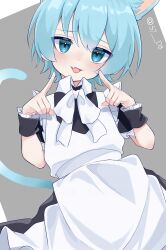 Rule 34 | 1other, animal ears, apron, black dress, blue eyes, blue hair, blush, bow, bowtie, cat ears, collared dress, dress, fang, fingers to cheeks, head tilt, highres, maid, maid apron, md5 mismatch, misskey.io, murakami-san (misskey.io), open mouth, original, other focus, short hair, skin fang, solo, sudou (s7 d8), tail, white bow, white bowtie, wrist cuffs