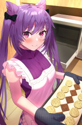 Rule 34 | 1girl, apron, baking, bare arms, bare shoulders, beppu mitsunaka, blush, bow, braid, chocolate, double bun, food, genshin impact, hair bow, hair bun, highres, holding, holding tray, keqing (genshin impact), kitchen, looking at viewer, microwave, mittens, oven mitts, purple eyes, purple hair, purple sweater, sleeveless, smile, sweater, tray, turtleneck, twintails