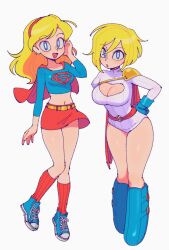 Rule 34 | 2girls, batrobin k, blonde hair, blue eyes, boots, breasts, cape, cleavage, cleavage cutout, clothing cutout, commentary, crop top, cropped shirt, dc comics, hairband, highres, kneehighs, large breasts, leotard, long hair, medium breasts, medium hair, midriff, miniskirt, multiple girls, navel, open mouth, power girl, red cape, red hairband, red skirt, red socks, ribbed socks, shoes, skirt, smile, sneakers, socks, supergirl, superman (series), white leotard