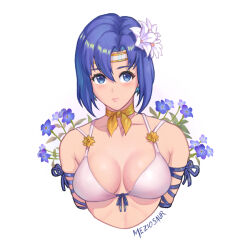 Rule 34 | 1girl, alternate costume, artist name, bikini, blue eyes, blue hair, breasts, catria (fire emblem), cleavage, closed mouth, collarbone, fire emblem, fire emblem: mystery of the emblem, fire emblem: shadow dragon and the blade of light, flower, hair flower, hair ornament, large breasts, lips, looking at viewer, meziosaur, nintendo, short hair, simple background, solo, swimsuit, upper body, white background, white bikini