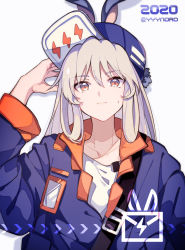 Rule 34 | 1girl, 2020, animal ears, arm up, blue hat, blue jacket, blush, brown eyes, captain yue, closed mouth, collarbone, flat cap, grey background, hair between eyes, hair rings, hat, jacket, light brown hair, lightning bolt symbol, long hair, long sleeves, original, rabbit ears, shirt, simple background, solo, sweat, twitter username, upper body, white shirt