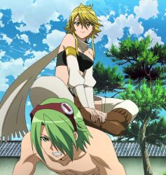 Rule 34 | 10s, 1boy, 1girl, akame ga kill!, blonde hair, breasts, cloud, green hair, highres, large breasts, leone (akame ga kill!), long hair, lubbock, screencap, sitting, sitting on person, smile, stitched, third-party edit