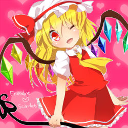 Rule 34 | 1girl, ascot, blonde hair, blouse, character name, cowboy shot, crystal, embodiment of scarlet devil, fang, female focus, flandre scarlet, hat, leaning to the side, miniskirt, mob cap, one eye closed, outline, pink background, red eyes, shirt, skirt, solo, touhou, tsukikusa, white shirt, wings, wink, yellow ascot