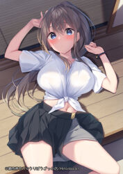 Rule 34 | 1girl, arms up, black skirt, blue eyes, blush, breasts, brown hair, collarbone, covered erect nipples, doorway, hair between eyes, large breasts, long hair, looking at viewer, lying, midriff, miniskirt, navel, no bra, on back, original, parted lips, pleated skirt, ponytail, porch, sena chifuyu, shirt, short sleeves, skirt, solo, tied shirt, white shirt, wooden floor