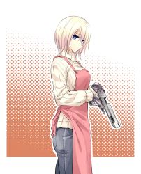 Rule 34 | 1girl, absurdres, android, apron, blonde hair, blue eyes, expressionless, gun, hair between eyes, handgun, highres, holding, holding gun, holding weapon, housewife, ishiyumi, joints, long sleeves, mechanical arms, mechanical buddy universe, mechanical legs, pistol, polka dot, polka dot background, robot joints, science fiction, short hair, solo, sweater, trigger discipline, turtleneck, turtleneck sweater, weapon