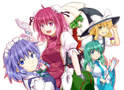 Rule 34 | 5girls, apron, arm up, armband, bandages, beni (bluebluesky), between fingers, blonde hair, blue eyes, bow, braid, breasts, buttons, chain, cuffs, detached sleeves, double bun, dress shirt, fang, female focus, flower, frog hair ornament, from behind, gloves, gohei, green hair, grin, hair bow, hair bun, hair ornament, hat, hat bow, high collar, holding, holding clothes, holding hat, ibaraki kasen, izayoi sakuya, kazami yuuka, kirisame marisa, knife, kochiya sanae, large breasts, leaf, light purple hair, light smile, long hair, long sleeves, looking at viewer, looking back, maid headdress, multiple girls, one eye closed, oonusa, open hand, open mouth, outline, parasol, pink eyes, pink hair, plaid, plaid skirt, plaid vest, puffy sleeves, red eyes, ribbon, rose, shackles, shirt, short hair, short sleeves, simple background, single braid, skirt, smile, snake, tabard, teeth, thorns, throwing knife, tongue, touhou, twin braids, umbrella, vest, weapon, white background, wide sleeves, wink, witch, witch hat, yellow eyes