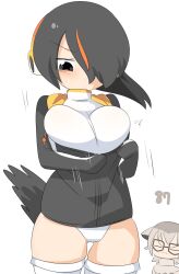 Rule 34 | 2girls, animal ears, bird tail, black-framed eyewear, black eyes, black hair, black jacket, breasts, closed mouth, commentary request, cowboy shot, emperor penguin (kemono friends), glasses, grey hair, hair between eyes, hair over one eye, headphones, highres, inconvenient breasts, jacket, kemono friends, large breasts, lets0020, long bangs, looking down, meerkat (kemono friends), multicolored hair, multiple girls, numbered, one-piece swimsuit, orange hair, short hair, simple background, solo focus, streaked hair, swimsuit, tail, thighhighs, v-shaped eyebrows, white background, white one-piece swimsuit, white thighhighs, zipper, zipping
