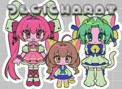 Rule 34 | 3girls, ahoge, animal ears, animal hat, apron, bell, blue bow, blush, bow, brown hair, cat feet, cat hat, cat tail, closed mouth, copyright name, dejiko, di gi charat, dice hair ornament, green eyes, green hair, grey background, grid background, hair bell, hair ornament, hat, highres, menma (enaic31), multiple girls, neck bell, open mouth, outline, pink bow, pink hair, pink skirt, puchiko, rabbit ears, sailor collar, school uniform, shirt, skirt, smile, socks, tail, twintails, twitter username, usada hikaru, white apron, white outline, white shirt, white socks, wrist bow