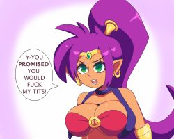 Rule 34 | 1girl, breasts, cleavage, english text, female focus, green eyes, highres, iggybomb, large breasts, o-ring, purple hair, shantae, shantae (series), solo, speech bubble, talking, upper body