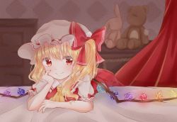 Rule 34 | 1girl, arm rest, blonde hair, blush, chest of drawers, commentary request, curtains, elbow rest, fingernails, flandre scarlet, hair between eyes, hat, hat ribbon, head in hand, head rest, highres, indoors, looking at viewer, lying, mimi89819132, mob cap, nail polish, on bed, one side up, partial commentary, puffy short sleeves, puffy sleeves, red nails, red skirt, red vest, ribbon, shirt, short hair, short sleeves, skirt, skirt set, smile, solo, stuffed animal, stuffed rabbit, stuffed toy, teddy bear, touhou, upper body, vest, wallpaper (object), white hat, white shirt, wings