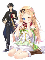 Rule 34 | 1boy, 1girl, ;), bare shoulders, belt, black footwear, black hair, black ribbon, blue eyes, boots, braid, brown footwear, chain, character request, collar, copyright request, detached sleeves, dress, elf, faceless, faceless male, green dress, licking lips, long hair, looking at viewer, official art, one eye closed, pointy ears, ribbon, sitting, smile, standing, tongue, tongue out, wariza, yano mitsuki (nanairo)
