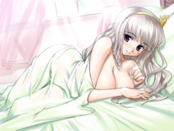 Rule 34 | 00s, 1girl, aogiri penta, bed, bed sheet, blush, breasts, day, hairband, hip focus, idolmaster, idolmaster (classic), indoors, large breasts, lying, naked sheet, nude, on side, pillow, shijou takane, silver hair, solo, split mouth, under covers
