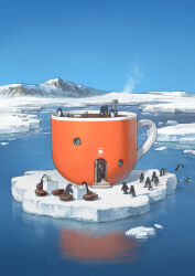 1boy apron bird cafe chair chimney coffee_mug cover cover_page cup food highres ice ice_cream ice_cream_float ice_cube iceberg mountain mug official_art original outdoors penguin reflection reflective_water rooftop smoke water window yoshida_seiji