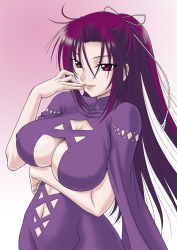 Rule 34 | 00s, 1girl, breast hold, breasts, cleavage, cleavage cutout, clothing cutout, kazehana, large breasts, long hair, misnon the great, ponytail, purple eyes, purple hair, seductive smile, sekirei, smile, solo