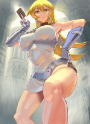 Rule 34 | 1girl, arm up, ass, bare shoulders, belt, blonde hair, blue belt, blue gloves, blue skirt, breasts, card, closed mouth, covered navel, duel academy uniform (yu-gi-oh! gx), from below, gloves, hair between eyes, hand on own thigh, holding, holding card, kazo (kazozakazo), large breasts, long hair, looking at viewer, miniskirt, skirt, sleeveless, smile, solo, standing, tenjouin asuka, thighs, yellow eyes, yu-gi-oh!, yu-gi-oh! gx