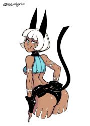 Rule 34 | 1girl, ass, bare shoulders, belt pouch, blue eyes, bob cut, breasts, cat girl, collar, cowboy shot, crop top, cropped legs, dark-skinned female, dark skin, dimples of venus, fang, fingerless gloves, from behind, gloves, highres, looking at viewer, looking back, ms. fortune (skullgirls), neck bell, pouch, scar, semlgrim, short hair, shoulder blades, skullgirls, smile, solo, underboob, white background, white hair