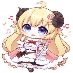 Rule 34 | 1girl, :d, ahoge, beamed eighth notes, blonde hair, blue eyes, bow, bowtie, breasts, cape, chibi, commentary request, curled horns, dress, eighth note, full body, fur-trimmed cape, fur-trimmed dress, fur trim, hair ornament, hairclip, highres, holding, holding instrument, hololive, horns, instrument, long hair, long sleeves, looking at viewer, medium breasts, musical note, open mouth, pink cape, red bow, red bowtie, rensei, sheep horns, simple background, smile, solo, tsunomaki watame, tsunomaki watame (1st costume), very long hair, virtual youtuber, white background, white dress