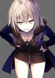 Rule 34 | 1girl, 3:, 3:&lt;, artist name, black dress, blonde hair, blush, breasts, coat, collarbone, cosplay, cowboy shot, downblouse, dress, fate/grand order, fate (series), fur collar, grey background, hands on own hips, highres, jacket, jeanne d&#039;arc (fate), jeanne d&#039;arc (ruler) (fate), jeanne d&#039;arc alter (fate), jeanne d&#039;arc alter (ver. shinjuku 1999) (fate), jewelry, leaning forward, long hair, looking at viewer, medium breasts, necklace, official alternate costume, okotoburi, open clothes, open coat, open mouth, short dress, signature, simple background, solo, thighhighs, v-shaped eyebrows, yellow eyes