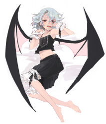 Rule 34 | 1girl, alternate costume, armpits, bad id, bad pixiv id, barefoot, bat wings, black bloomers, bloomers, blue hair, camisole, demon wings, feet, female focus, flat chest, frills, full body, goth fashion, large wings, looking at viewer, lying, midriff, nail polish, navel, no headwear, red eyes, red nails, remilia scarlet, shizumi satou, short hair, simple background, siskin, smile, solo, touhou, underwear, white background, wings, wrist cuffs