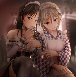 Rule 34 | 10s, 2girls, anastasia (idolmaster), apron, bad id, bad pixiv id, bare shoulders, blue eyes, blurry, brown eyes, brown hair, buckle, choker, cigarette, corset, depth of field, detached sleeves, dress, earrings, fishnet legwear, fishnets, hand on another&#039;s thigh, highres, holding, holding cigarette, idolmaster, idolmaster cinderella girls, japanese clothes, jewelry, locked arms, long hair, long sleeves, looking at viewer, love laika, maid, maid apron, maid headdress, md5 mismatch, mixed maids, multiple girls, nitta minami, off-shoulder dress, off shoulder, short hair, side-by-side, silver hair, sleeves past wrists, smile, smoke, smoking, thighhighs, turisasu, wa maid, wide sleeves, yagasuri
