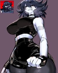 Rule 34 | alternate hairstyle, black eyes, black hair, blush, breasts, choker, fangs, fingerless gloves, friday night funkin&#039;, girlfriend (friday night funkin&#039;), gloves, grin, highres, large breasts, medium hair, midriff, pale skin, smile, spiked hair, thick thighs, thighhighs, thighs, usa37107692, wide hips