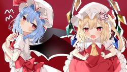 Rule 34 | blouse, collared shirt, flandre scarlet, hair between eyes, hands on own hips, hat, highres, mob cap, red background, remilia scarlet, shirt, siblings, sisters, tagme, touhou, white shirt, yumeno ruruka