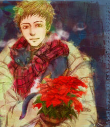 Rule 34 | 1boy, black cat, brown hair, cat, chipie (gnosia), closed mouth, cotori (globule), flower, gloves, gnosia, looking at viewer, plant, potted plant, red flower, red scarf, scarf, short hair, simple background, smile, upper body