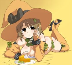 Rule 34 | 10s, 1girl, :t, bad id, bad pixiv id, boots, breasts, brown eyes, brown hair, detached sleeves, eating, flower, food-themed hair ornament, fork, hair flower, hair ornament, halloween, hat, high heels, hisakawa riho, idolmaster, idolmaster cinderella girls, large breasts, legs up, lying, mimura kanako, on stomach, orange thighhighs, panties, puffy sleeves, pumpkin hair ornament, simple background, solo, thigh boots, thighhighs, topless, underwear, witch hat, yellow background