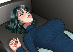 Rule 34 | 1girl, black hair, blush, breasts, caustica, closed mouth, couch, closed eyes, fubuki (one-punch man), highres, indoors, large breasts, lips, long sleeves, lying, nail polish, one-punch man, red nails, short hair, sleeping, solo, sweater, turtleneck, turtleneck sweater, upper body