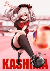 Rule 34 | 10s, 1girl, ball, beret, black socks, black shirt, black shorts, blurry, blurry background, breasts, character name, cleats, depth of field, artistic error, foreshortening, hand up, hat, j. league, kantai collection, kashima (kancolle), kashima antlers, kicking, kneehighs, medium breasts, multicolored shirt, perspective, red background, red shirt, shirt, shorts, silver hair, smirk, soccer, soccer ball, soccer uniform, socks, solo, souryu, sportswear, stadium, thighs, twintails