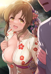 Rule 34 | 1boy, 1girl, :d, areola slip, blush, breasts, brown hair, cleavage, collarbone, commentary request, floral print, hair ornament, highres, idolmaster, idolmaster cinderella girls, japanese clothes, kimono, large breasts, long hair, long sleeves, mk (mod0), open mouth, outdoors, shirt, smile, solo focus, totoki airi, white shirt, yellow eyes, yellow kimono