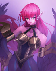 Rule 34 | 1girl, armor, bare shoulders, breastplate, breasts, claws, closed mouth, collarbone, colored skin, commentary request, cyber harpie lady, duel monster, feathered wings, green eyes, hair between eyes, hand on own hip, harpie lady, harpy, highres, long hair, looking at viewer, monster girl, pink hair, pointy ears, sihai (wsskdywe), smile, solo, spiked armor, winged arms, wings, yu-gi-oh!