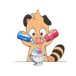 Rule 34 | 1boy, absurdres, animal ears, arms up, aruba-kun, black eyes, body fur, bottle, bowl, child, english text, food, furry, furry male, happy, highres, holding, holding bottle, looking down, male focus, open mouth, orange fur, original, pouring, raccoon boy, raccoon ears, raccoon tail, shaved ice, simple background, smile, solo, straight-on, striped tail, tail, upper body, v-shaped eyebrows, white background, wide-eyed