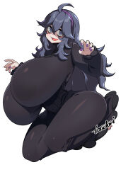 Rule 34 | 1girl, @ @, absurdres, alternate breast size, ass, black background, breasts, claw pose, creatures (company), curvy, dress, full body, game freak, gigantic breasts, hair between eyes, hex maniac (pokemon), highres, huge ass, long hair, long sleeves, looking at viewer, nail polish, nintendo, open mouth, pokemon, pokemon xy, purple eyes, purple hair, purple nails, simple background, solo, sweater, toudori, turtleneck, turtleneck sweater, very long hair, wide hips