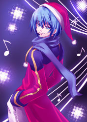 Rule 34 | 1boy, blue eyes, blue hair, blue scarf, christmas, hand in pocket, hat, kaito (vocaloid), kaizeru, looking back, male focus, matching hair/eyes, musical note, santa hat, scarf, short hair, solo, vocaloid
