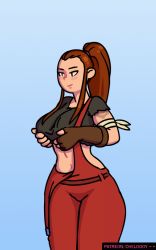 Rule 34 | 1girl, animated, animated gif, breasts, breasts apart, brigitte (overwatch), brown eyes, brown hair, clothes lift, crop top, freckles, large breasts, looking to the side, midriff, navel, nipples, no bra, open mouth, overwatch, overwatch 1, parted lips, ponytail, shirt lift, sports bra