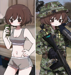 Rule 34 | 2girls, akiyama yukari, ammunition pouch, assault rifle, black gloves, blurry, blurry background, boonie hat, breast pocket, breasts, brown eyes, brown hair, camouflage, camouflage headwear, camouflage jacket, camouflage pants, cellphone, cleavage, closed mouth, collared jacket, commentary, container, cowboy shot, curtains, day, dolphin shorts, dot mouth, dual persona, expressionless, fgm-148 javelin, frown, girls und panzer, gloves, green headwear, green jacket, green pants, green shirt, grey shorts, grey sports bra, groin, gun, hand on own hip, hat, highres, holding, holding gun, holding phone, holding weapon, howa type 89, indoors, jacket, japan ground self-defense force, japan self-defense force, light blush, load bearing equipment, long sleeves, looking at phone, looking at viewer, loungewear, man-portable anti-tank systems, messy hair, military, military hat, military jacket, military uniform, missile launcher, multiple girls, multiple views, navel, outdoors, over shoulder, pants, patch, phone, pocket, popped collar, pouch, precision-guided firearm, ri (qrcode), rifle, rocket launcher, shirt, short hair, short shorts, shorts, shoulder patch, small breasts, smartphone, smile, soldier, split screen, sports bra, standing, stomach, thighs, trigger discipline, uniform, weapon, weapon over shoulder