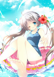 Rule 34 | 1girl, barefoot, blue eyes, blush, breasts, brown hair, cloud, day, feet, flower, hair flower, hair ornament, hibiscus, innertube, long hair, looking at viewer, medium breasts, natsuki coco, one-piece swimsuit, one eye closed, original, school swimsuit, sky, smile, solo, swim ring, swimsuit, twintails, very long hair, wink