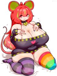 Rule 34 | animal ears, artist request, breasts, cleavage, curvy, highres, huge breasts, kneeling, mouse ears, mouse girl, mouse tail, multicolored clothes, multicolored hair, multicolored legwear, multicolored nails, plump, tagme, tail, thick thighs, thighhighs, thighs, white background, wide hips