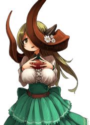 Rule 34 | 159cm, 1girl, animal ears, apple, back bow, belt, blonde hair, bow, breasts, brown belt, cowboy shot, curled horns, dot nose, food, fruit, gran-chan (159cm), green skirt, high-waist skirt, holding, horn flower, horns, huge horns, large breasts, long hair, long sleeves, looking at viewer, open mouth, original, red apple, shirt, siki (purple software), simple background, skirt, white background, white shirt, yellow eyes