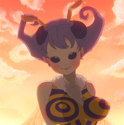 Rule 34 | 1girl, antennae, arthropod girl, backlighting, bare shoulders, bee, bee girl, breasts, bug, capcom, donguri (acorncafe), insect, insect girl, large breasts, looking at viewer, monster girl, no pupils, purple hair, q-bee, short hair, sky, smile, solid eyes, solo, twilight, upper body, vampire (game)