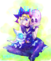 Rule 34 | 1girl, 2boys, blonde hair, blue eyes, duel monster, dyed bangs, gloves, gradient background, hat, long hair, marshmallon, multicolored hair, multiple boys, muto yugi, open mouth, silent magician, silent magician lv4, silent swordsman, silent swordsman lv3, silver hair, spiked hair, witch hat, wizard hat, yu-gi-oh!, yu-gi-oh! duel monsters